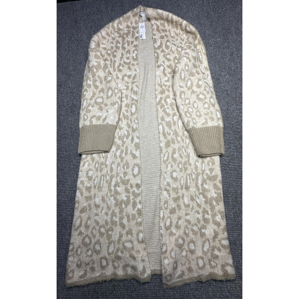 Topshop Cardigan Womens Medium Beige Leopard‎ Open Front Longline Knit Sweater